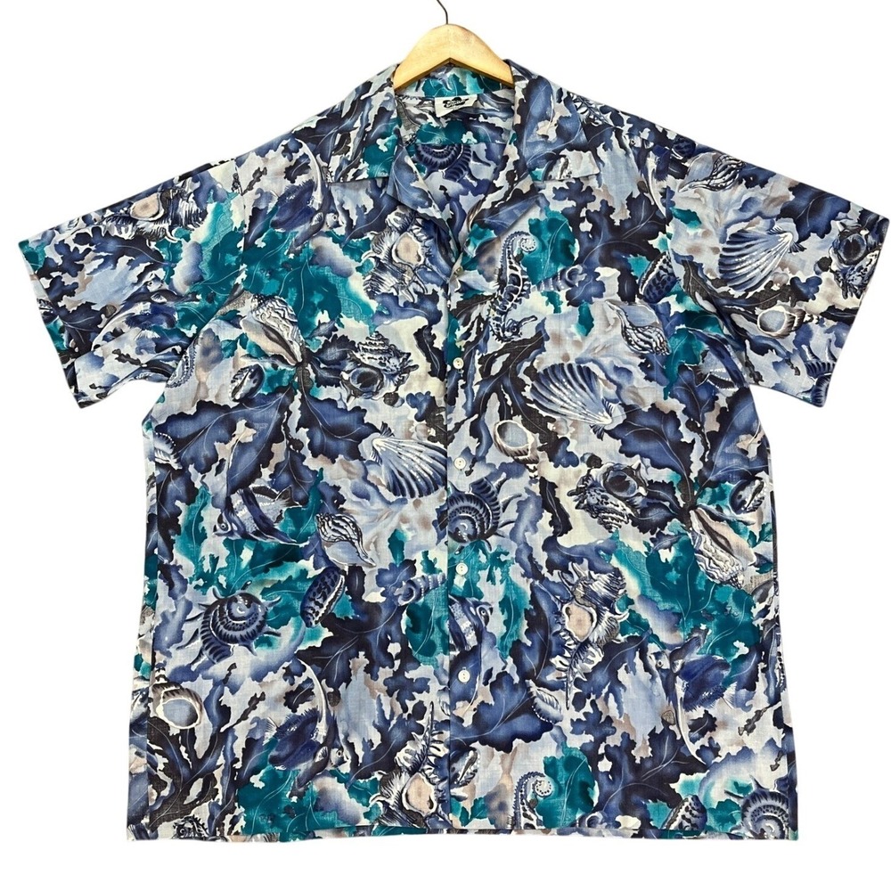 Hilo Hattie Hawaiian Shirt Mens 2XL Blue Sea Life Shells Seahorse Camp Collar